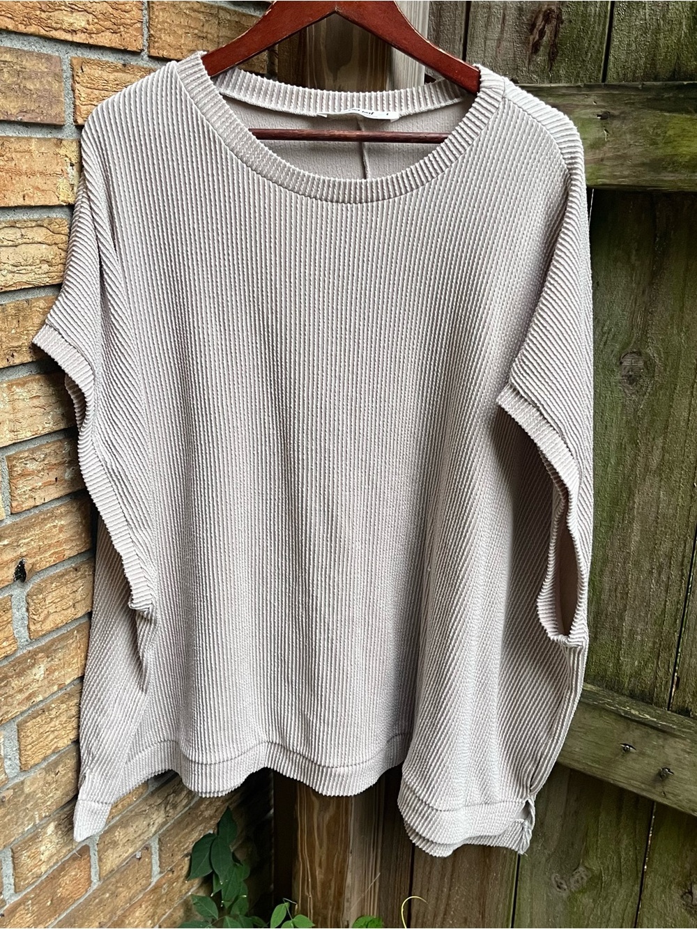 Three Bird Nest Light Beige Ribbed Knit Crewneck Top